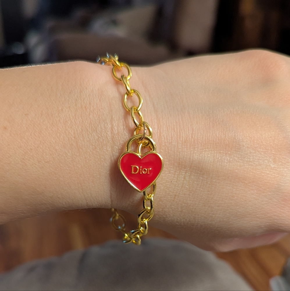 Upcycled Dior Gold And Red Heart Charm On Gold Plated Toggle Bracelet